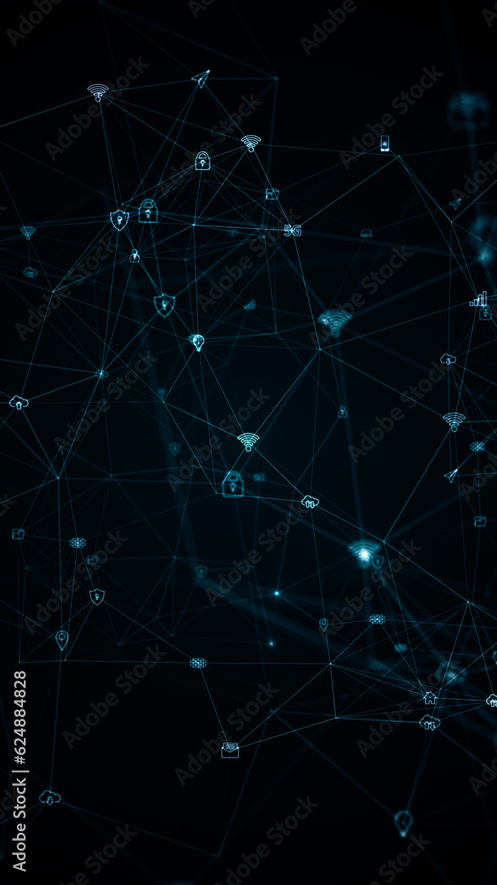 Poster blue digital ai technology icons linked on grid mesh and line connection rotation on futuristic abst