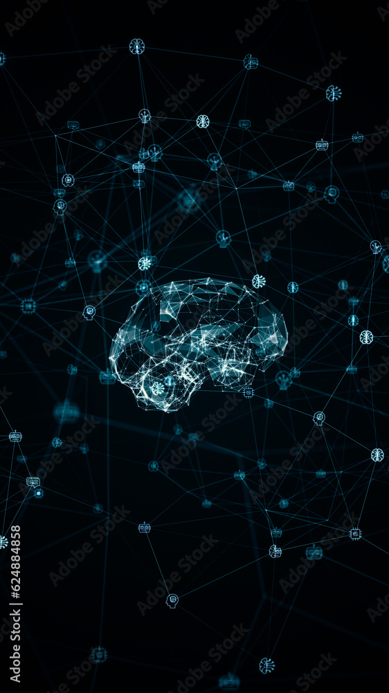 Poster blue polygon brain logo and digital ai assistant icons linked on grid mesh and line connection rotat