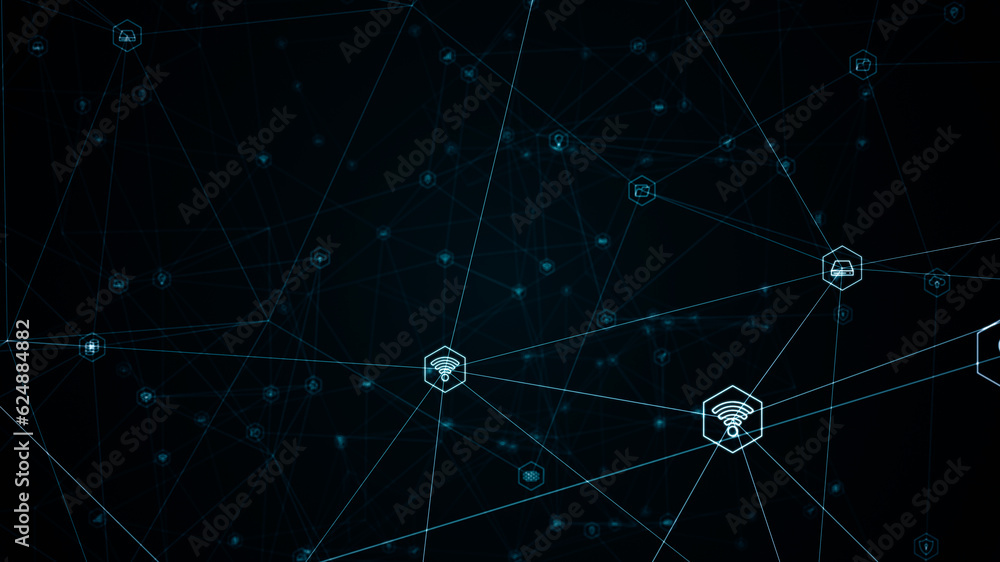 Poster blue digital ai technology icons linked on grid mesh and line connection on futuristic abstract back