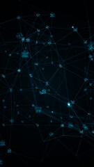 Blue digital money icons linked on grid mesh and line connection rotation on futuristic abstract background technology financial and cryptocurrency concept