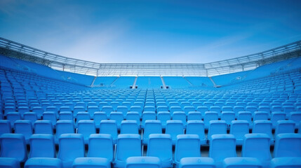 Fototapeta premium Blue tribunes. seats of tribune on sport stadium. empty outdoor arena. concept of fans. chairs for audience. cultural environment concept. color and symmetry. empty seats. modern stadium