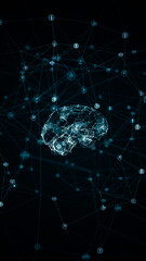 Blue polygon brain logo and digital ai assistant icons linked on grid mesh and line connection rotation on futuristic abstract background technology concept