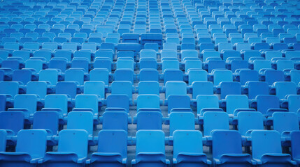 Obraz premium Blue tribunes. seats of tribune on sport stadium. empty outdoor arena. concept of fans. chairs for audience. cultural environment concept. color and symmetry. empty seats. modern stadium