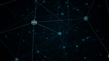 Blue digital ai icons linked on grid mesh and line connection on futuristic abstract background technology artificial intelligence assistant concept
