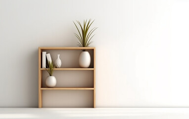 Wooden blank shelf with plant on white wall background