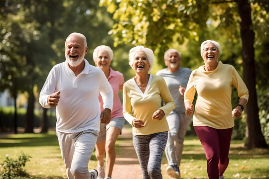 Old retired people jogging in the park and have fun for fitness and health