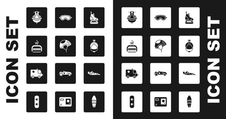 Set Skates, Helmet, Ski lift, Jet ski, and action camera, goggles, Formula 1 racing car and Ambulance emergency icon. Vector