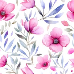 Flowers watercolor seamless pattern, generative ai