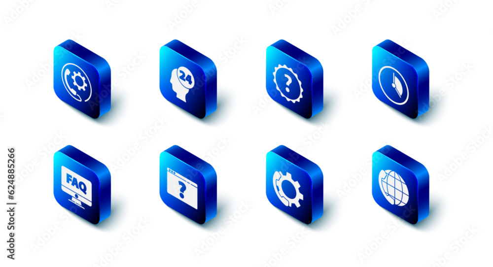 Poster set support operator in touch, question mark, time management, telephone 24 hours support, browser w