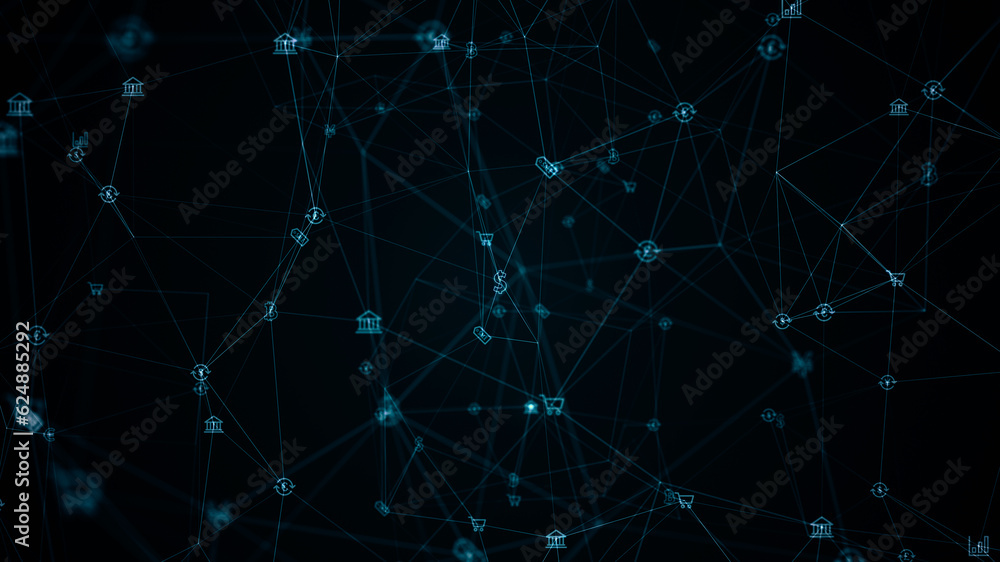 Poster blue digital money icons linked on grid mesh and line connection rotation on futuristic abstract bac