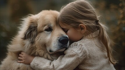 A heartwarming photograph of a child hugging their pet