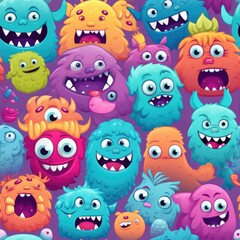 Naklejka premium Cute cartoon monster seamless pattern, generative ai
