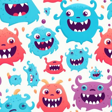 Cute cartoon monster seamless pattern, generative ai