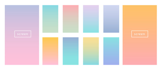 Caramel gradient backgrounds set. Soft pastel color gradient collection. Lavender, pink, light green, bright blue, yellow, orange, turquoise, purple, colours gradients for phone screen. Caramel hues.