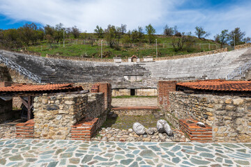 Heraclea Lyncestis ancient ruins with theatre in Bitola, North Macedonia.  - obrazy, fototapety, plakaty