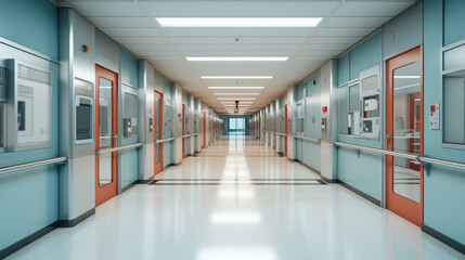 Medical concept. Hospital corridor with rooms