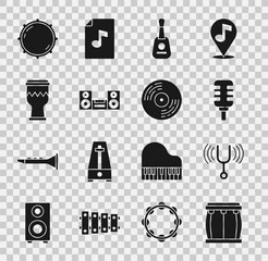 Set Drum, Musical tuning fork, Microphone, Guitar, Home stereo, Dial knob level and Vinyl disk icon. Vector