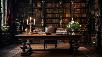 Obraz na płótnie Canvas Old classic library with books on table