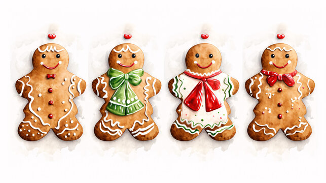 Set of christmas decorations. Collection of different gingerbread cookies. Watercolor illustration of hand painted christmas cookies