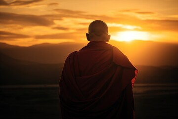 Silhouette of a Tibetan Monk at Sunset - Generative ai