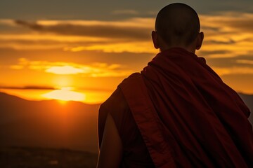 Sunset Serenity: Close-Up of Tibetan Monk in Tranquil Meditation - Generative ai