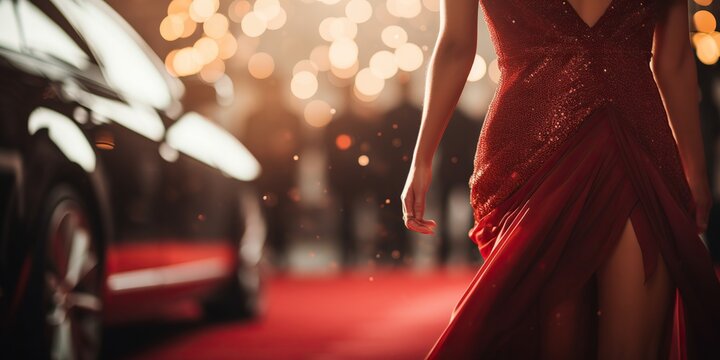  Woman in Luxurious Red Dress on Red Carpet Arrival - Generative ai