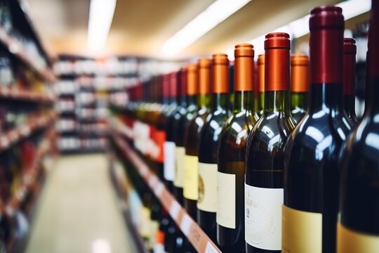 Wine bottles in a row on Supermarket Shelves - Generative ai