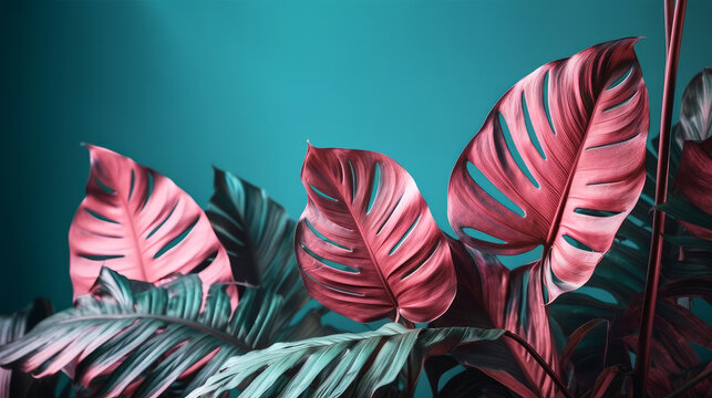 Generative AI image of green and pink leaves placed on blue background as decorative plants