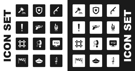 Set Police rubber baton, Pistol or gun, Baseball, Judge gavel, Walkie talkie, badge, Telephone call 112 and Prison window icon. Vector