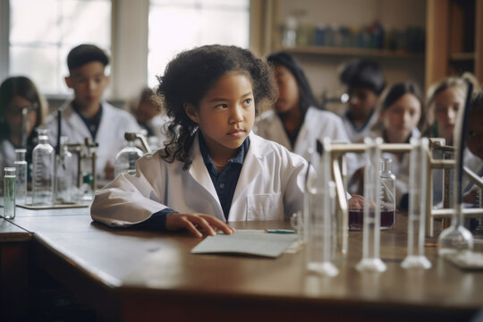 Generative AI image of African American preteen kid sitting at table in modern laboratory in school with notepad