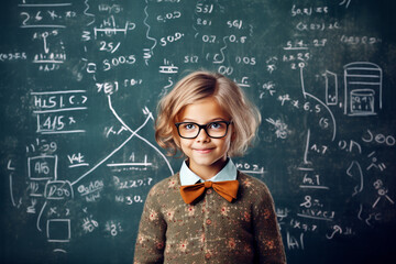 Generative AI illustration of smart male kid in sweater with bowtie and glasses looking at camera while standing against chalkboard with lettering