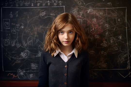 Generative AI illustration of confident female student in school uniform looking at camera while standing against blackboard with scribbled