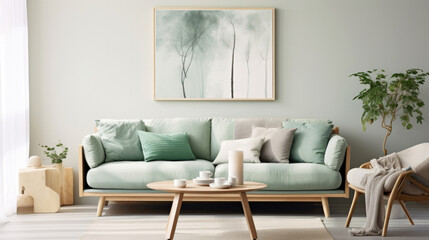 Stylish scandinavian living room interior with design mint sofa, furnitures, mock up poster map, plants, and elegant personal accessories. Home decor. Interior design.