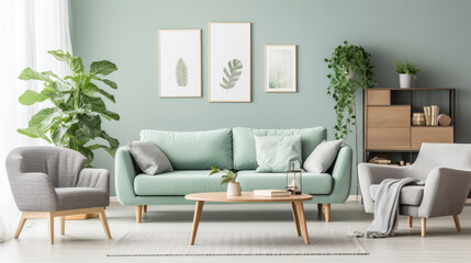 Stylish scandinavian living room interior with design mint sofa, furnitures, mock up poster map, plants, and elegant personal accessories. Home decor. Interior design.