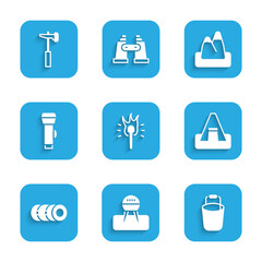 Set Torch flame, Barbecue grill, Bucket, Tourist tent, Blanket roll, Flashlight, Mountains and Hammer icon. Vector