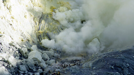 Sulfur extraction, Kawah Ijen volcano, Java Island, Indonesia