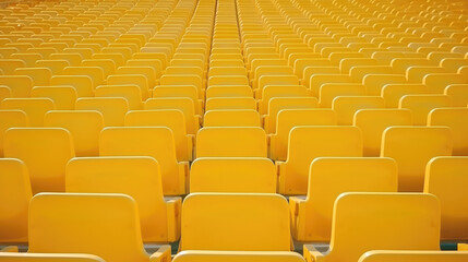 Fototapeta premium Yellow tribunes. seats of tribune on sport stadium. empty outdoor arena. concept of fans. chairs for audience. cultural environment concept. color and symmetry. empty seats. modern stadium