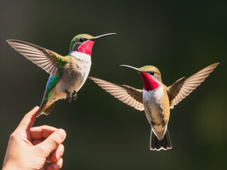 Fototapeta premium Digital wildlife photo of a Hummingbird flying over the blissful lake. Wildlife concept of ecological environment. Generative AI