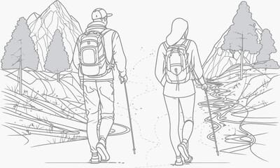 A boy and a girl are walking along a path in the forest. Drawing in one line. Vector illustration