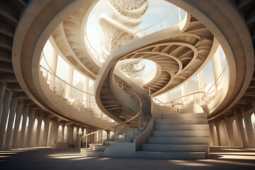 An architectural marvel, with a spiral staircase reaching towards the heavens, evoking a sense of infinite possibilities.