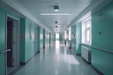 Blue Hospital Corridor. Nobody Background with Blur and Copy Space