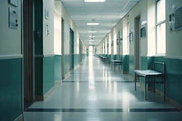 Naklejka na ściany i meble Blue Hospital Corridor. Nobody Background with Blur and Copy Space