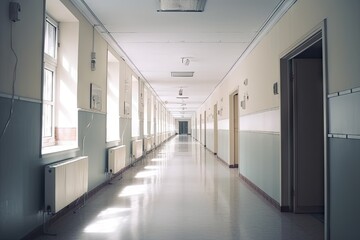 Blue Hospital Corridor. Nobody Background with Blur and Copy Space