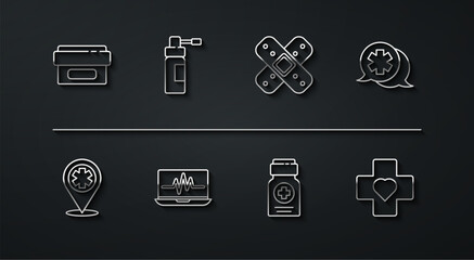 Set line Ointment cream tube medicine, Map pointer with cross hospital, Dialogue the doctor, Medicine bottle, Laptop cardiogram, Bottle nozzle spray, Heart and Crossed bandage plaster icon. Vector