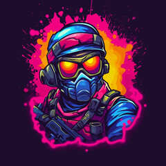 Paintball player in armored vest, helmet, face glasses and protective mask. Colorful splashes on the background.