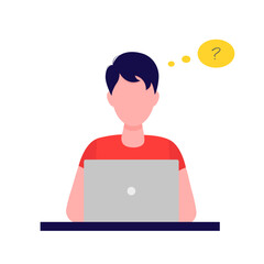 A young man working on a laptop and thinking how to solve a problem. Vector illustration in flat style. Isolated on white background.	

