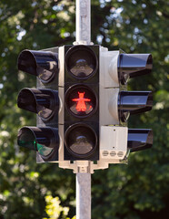An image of a devil with horns and a tail at a traffic light in Wernigerode.