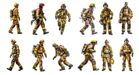 Set of firefighters isolated on the transparent background PNG. AI generative.	