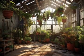 greenhouse interior with hanging plants and terracotta pots, created with generative ai