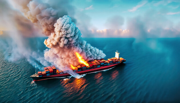 container cargo ship on fire on ocean